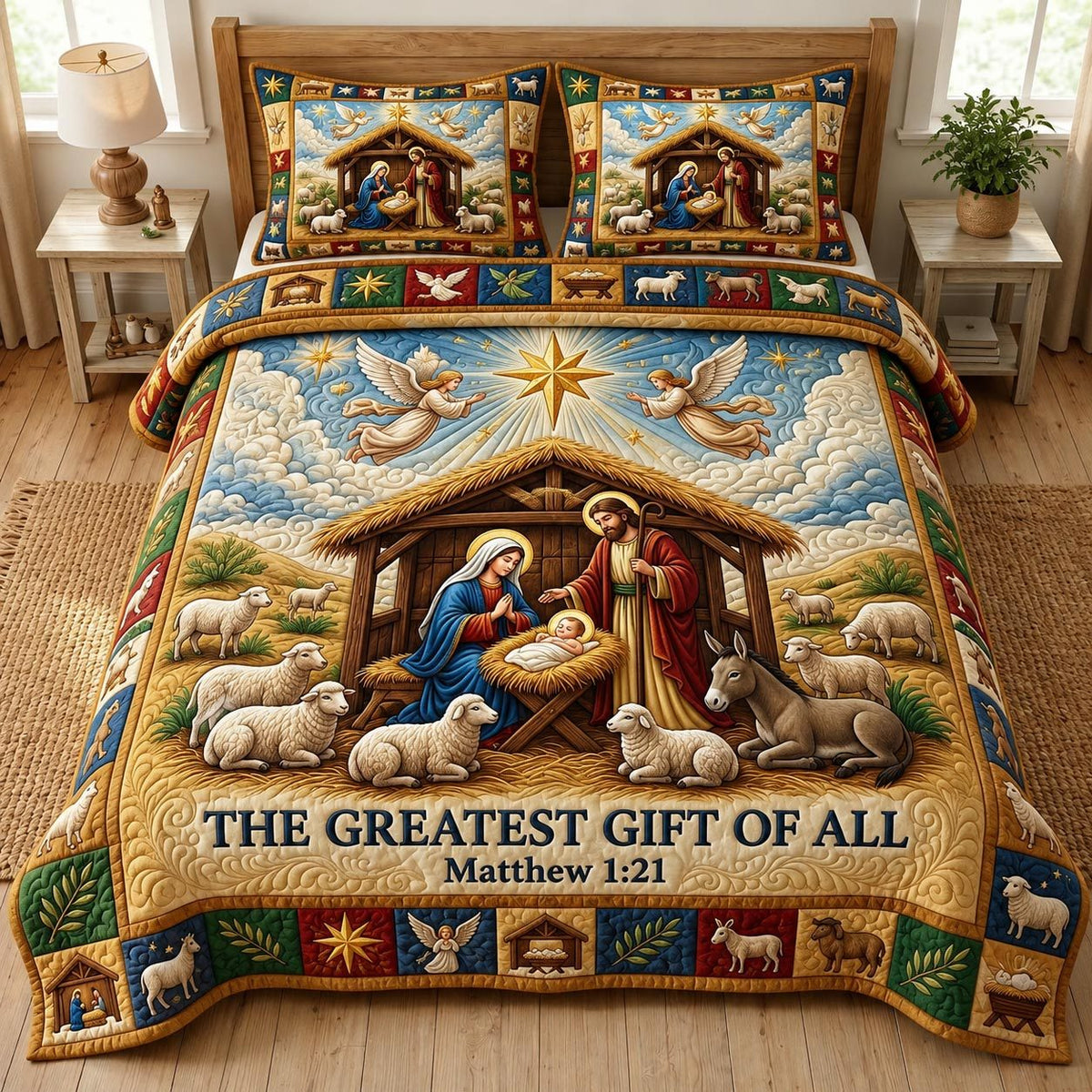 Nativity Scene quilted 3-piece bedding set on a made bed in a winter-styled bedroom
