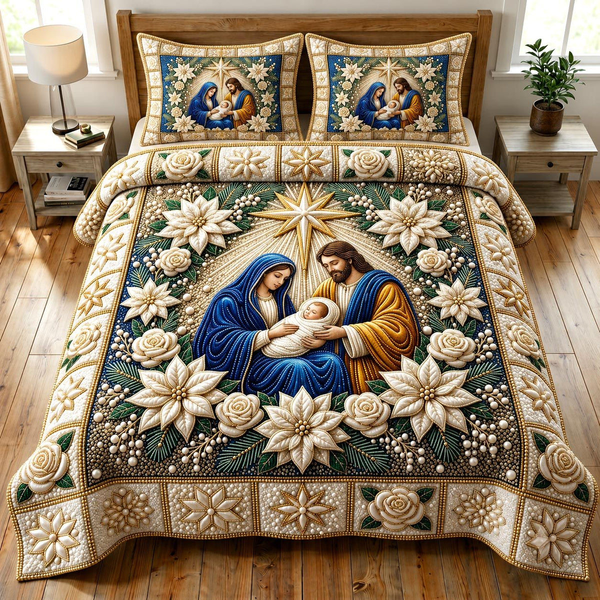 Nativity Scene quilted 3-piece bedding set on a made bed in a winter-styled bedroom
