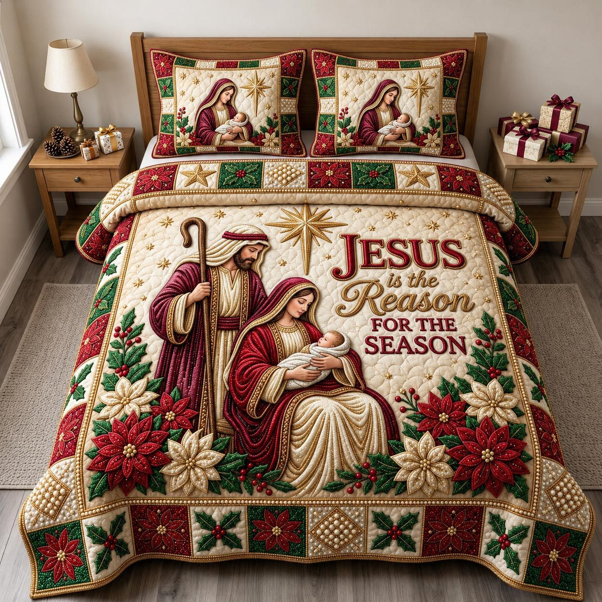 Nativity Scene quilted 3-piece bedding set on a made bed in a winter-styled bedroom