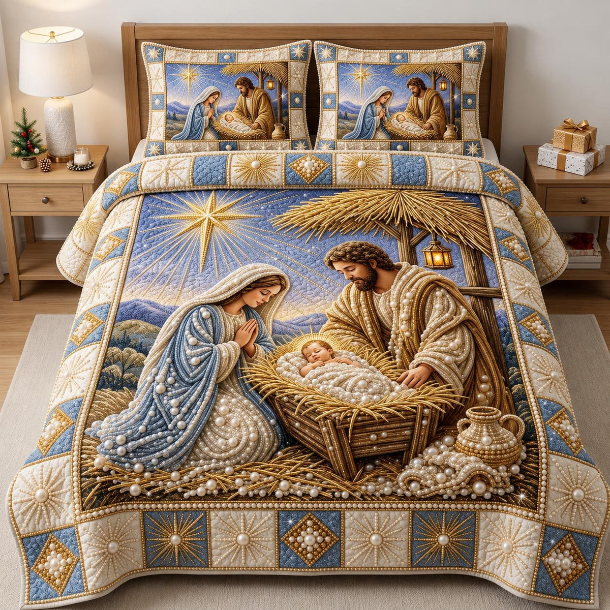 Nativity Scene quilted 3-piece bedding set on a made bed in a winter-styled bedroom