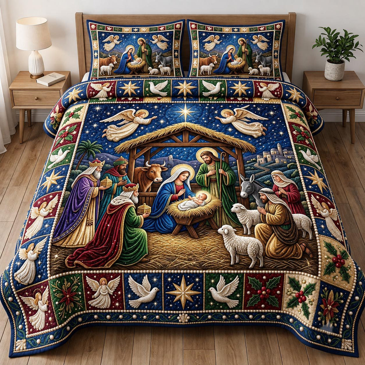 Nativity Scene quilted 3-piece bedding set on a made bed in a winter-styled bedroom
