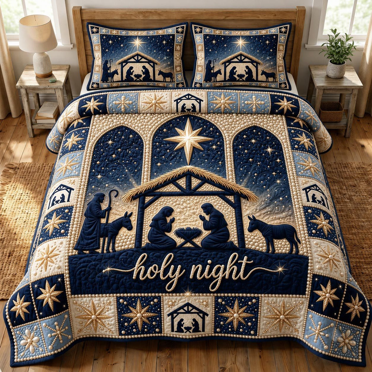 Nativity Scene quilted 3-piece bedding set on a made bed in a winter-styled bedroom