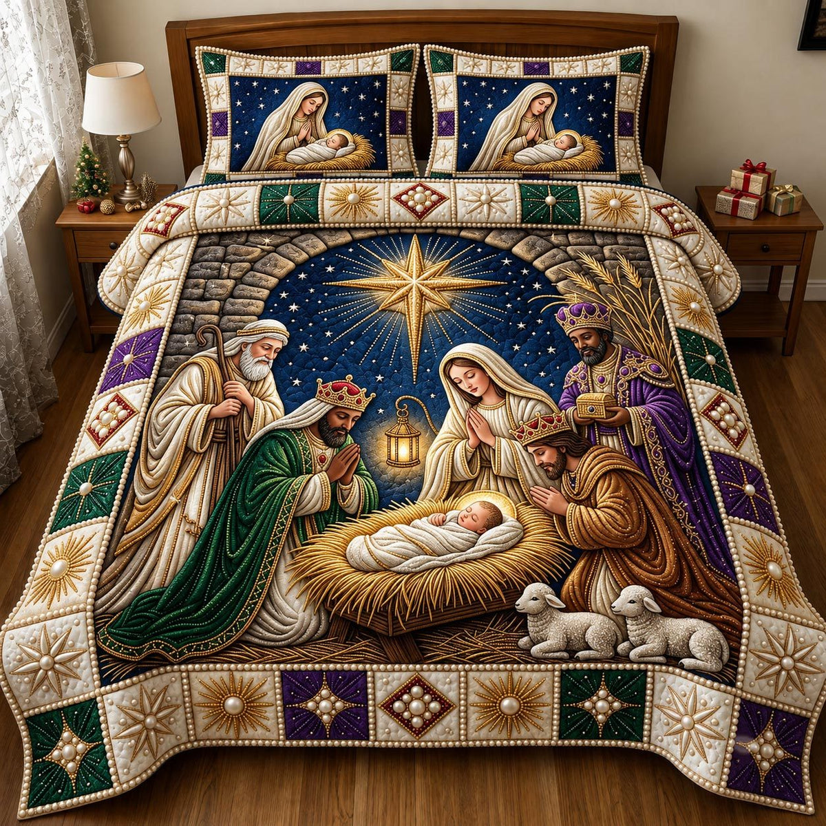 Nativity Scene quilted 3-piece bedding set on a made bed in a winter-styled bedroom