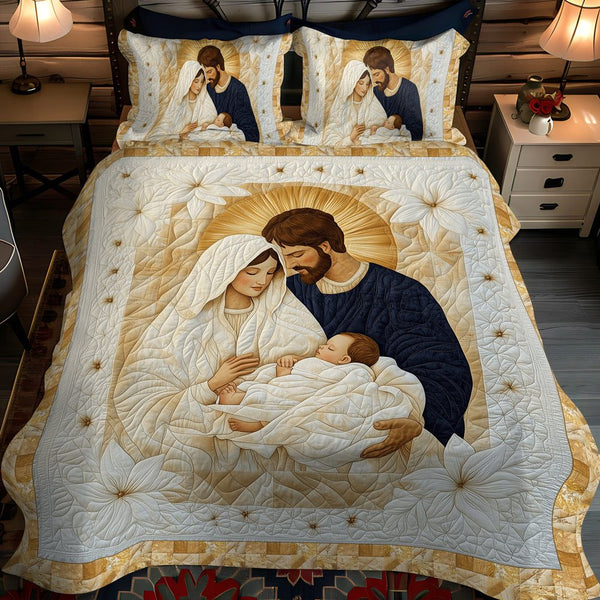 Nativity Scene quilted 3-piece bedding set on a made bed in a winter-styled bedroom