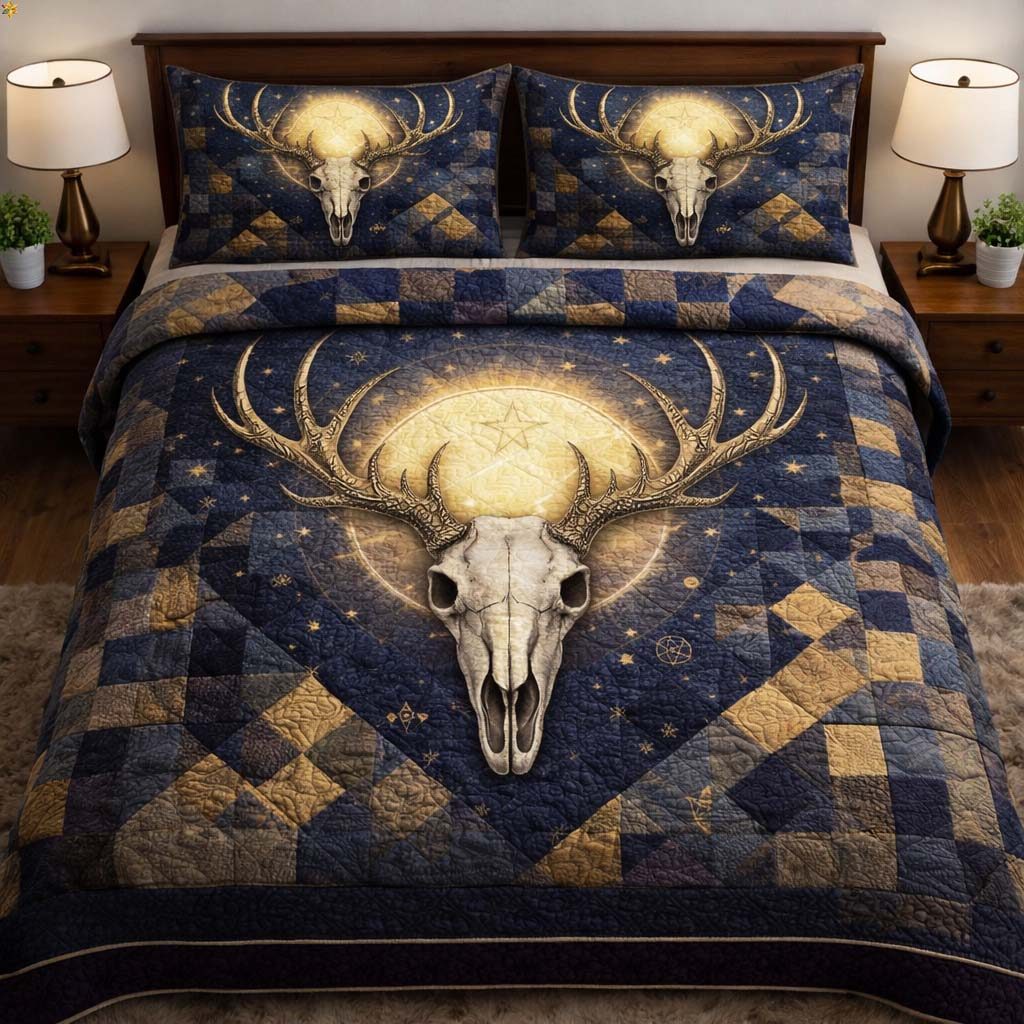 Nature Antlers quilted 3-piece bedding set on a made bed with two matching pillow shams