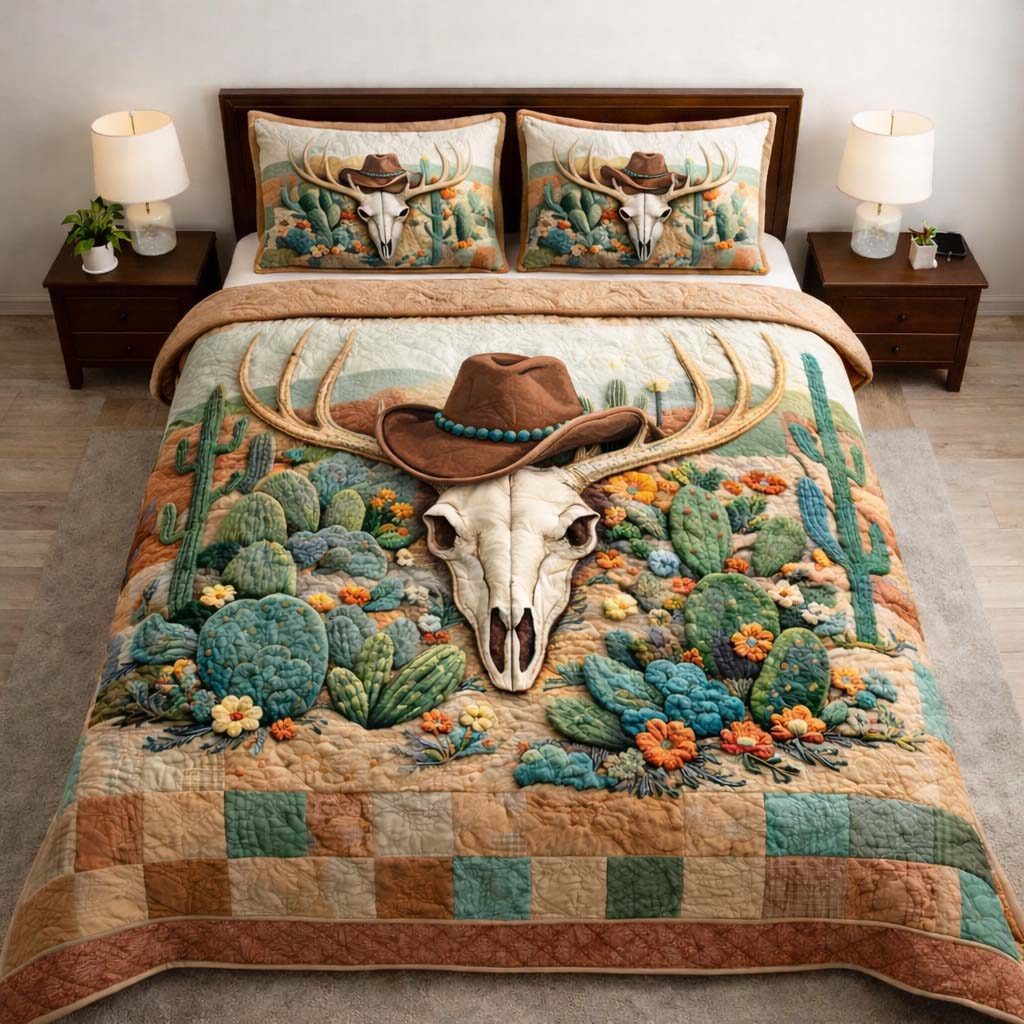 Nature Antlers quilted 3-piece bedding set on a made bed with two matching pillow shams