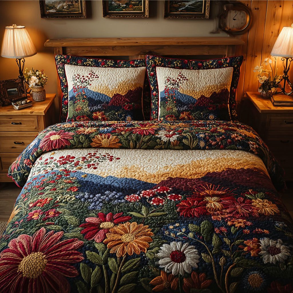 Nature Blend quilted 3-piece bedding set on a made bed with two matching pillow shams