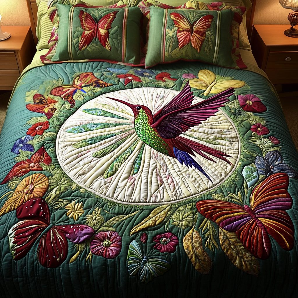 Nature Bliss quilted 3-piece bedding set on a made bed with two matching pillow shams