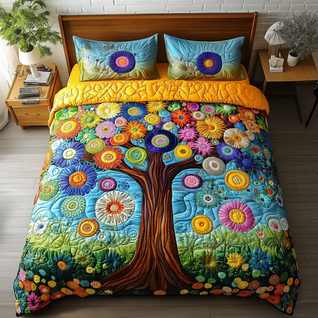 Nature Bliss quilted 3-piece bedding set on a made bed with two matching pillow shams