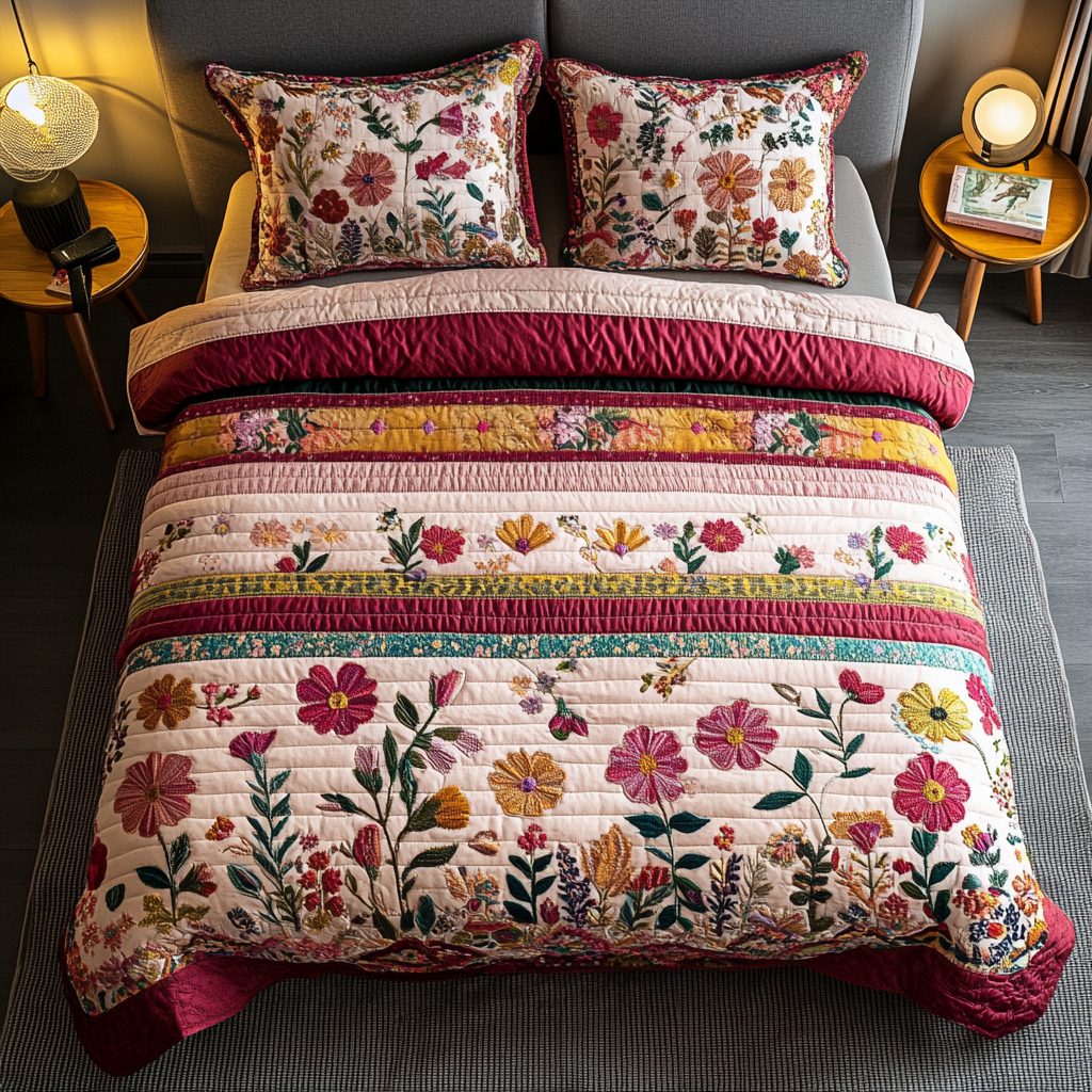 Nature Bouquet quilted 3-piece bedding set on a made bed with two matching pillow shams