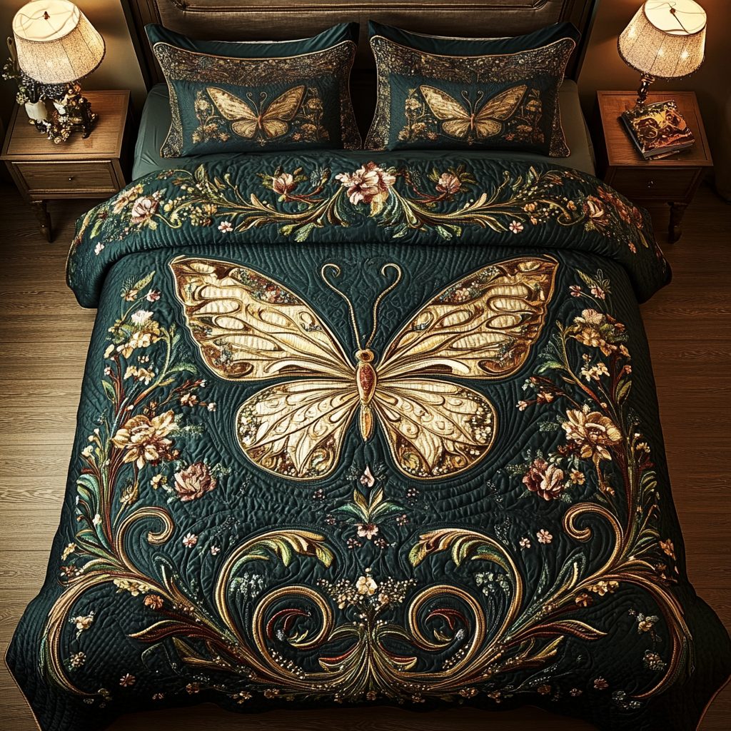 Nature Dancer quilted 3-piece bedding set on a made bed with two matching pillow shams