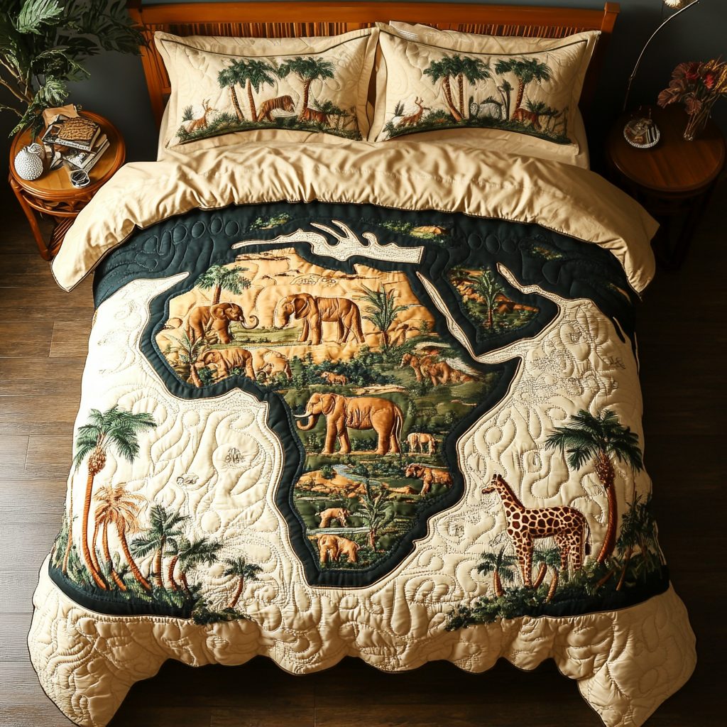 Nature Echo quilted 3-piece bedding set on a made bed with two matching pillow shams