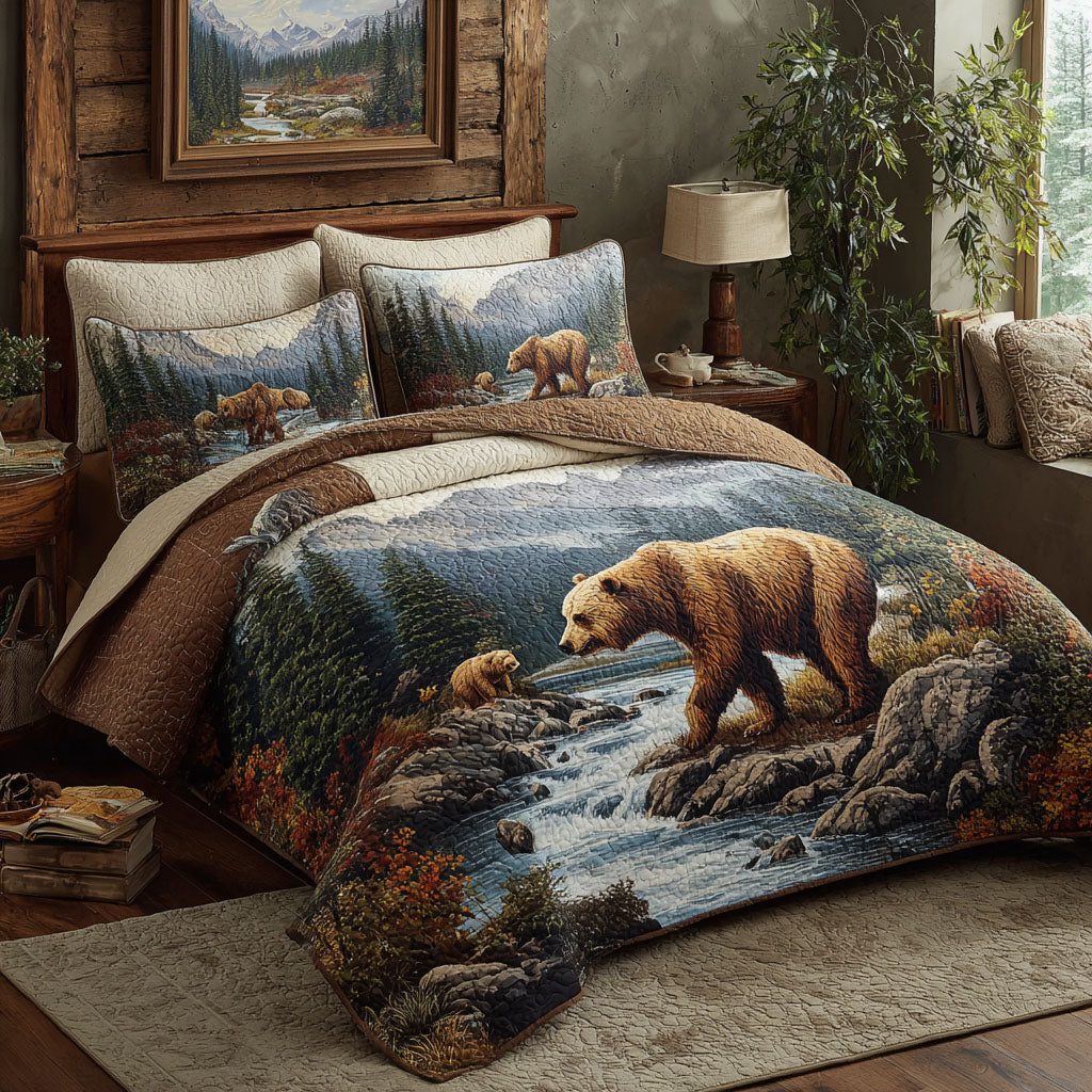 Nature Embrace quilted 3-piece bedding set on a made bed with two matching pillow shams