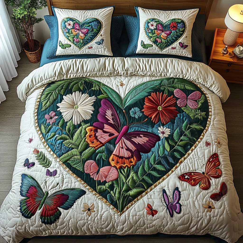 Nature Embrace quilted 3-piece bedding set on a made bed with two matching pillow shams