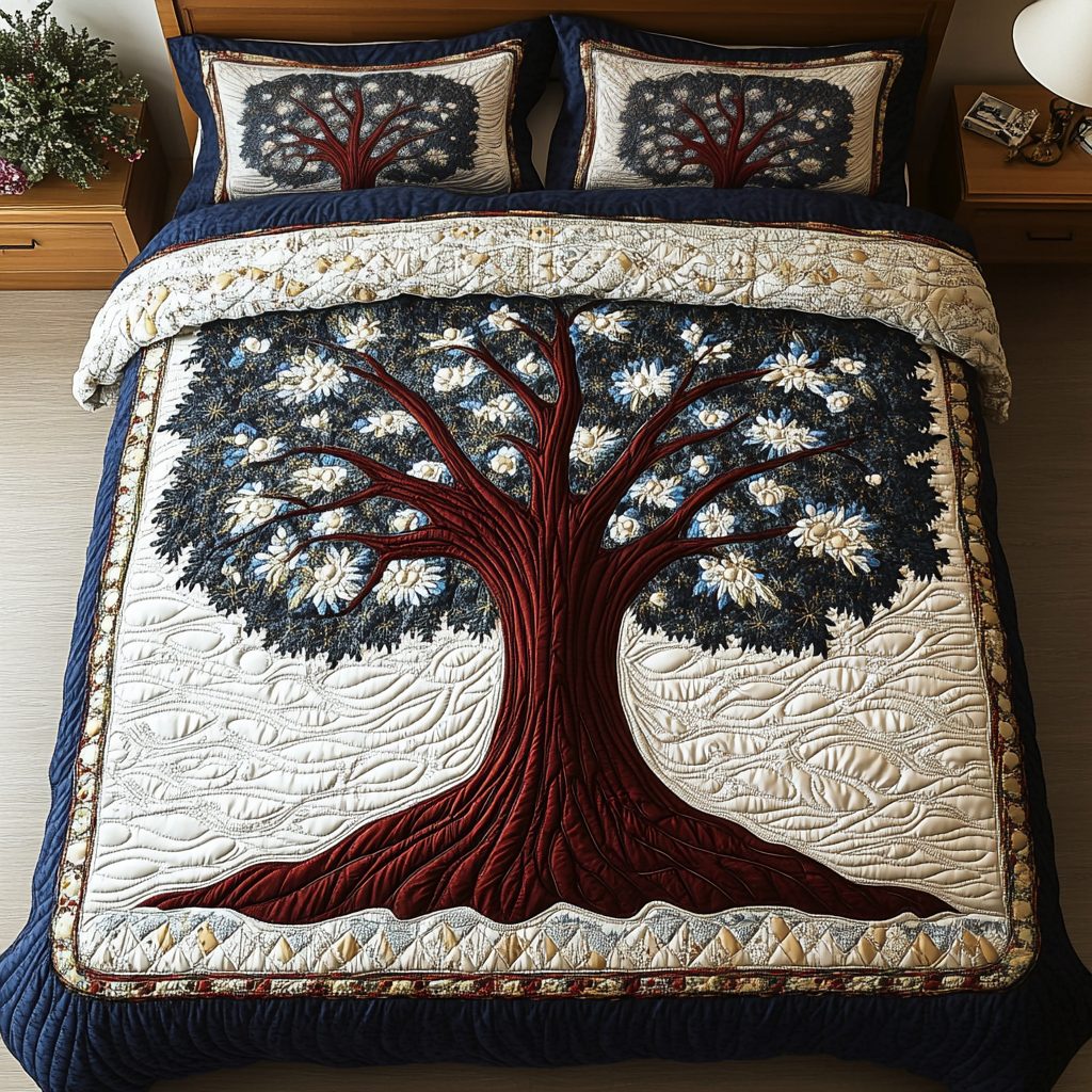 Nature Embrace quilted 3-piece bedding set on a made bed with two matching pillow shams