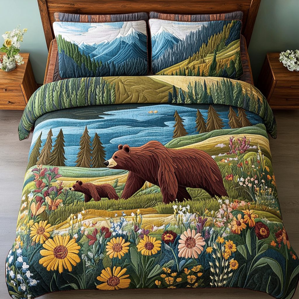 Nature Embrace quilted 3-piece bedding set on a made bed with two matching pillow shams
