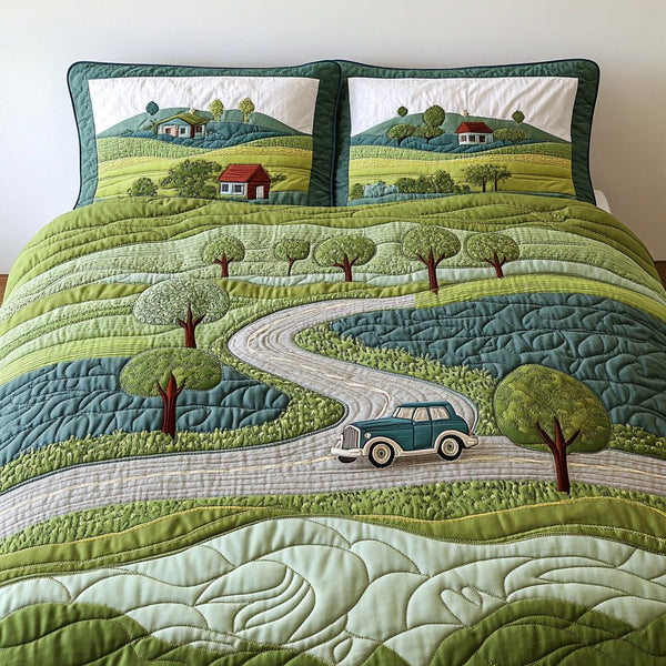 Nature Embrace quilted 3-piece bedding set on a made bed with two matching pillow shams