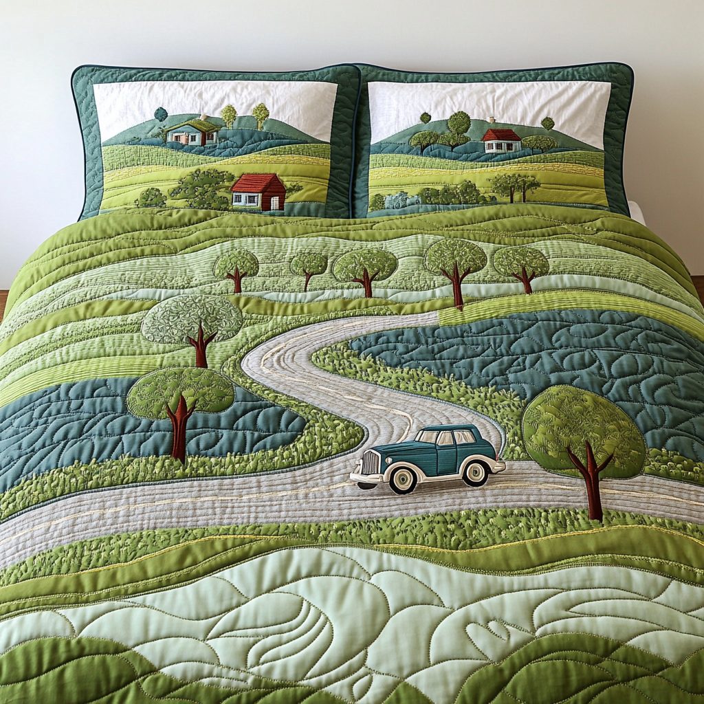Nature Embrace quilted 3-piece bedding set on a made bed with two matching pillow shams