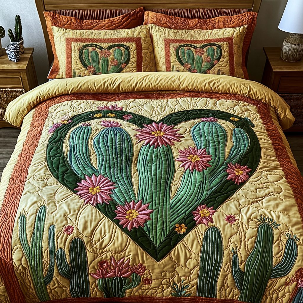 Nature Embrace quilted 3-piece bedding set on a made bed with two matching pillow shams