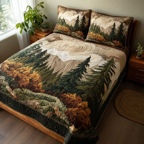 Nature Escape quilted 3-piece bedding set on a made bed with two matching pillow shams
