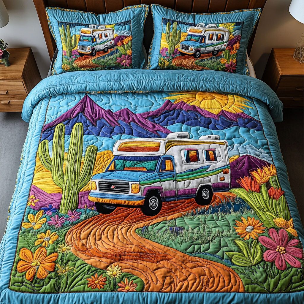 Nature Escape quilted 3-piece bedding set on a made bed with two matching pillow shams