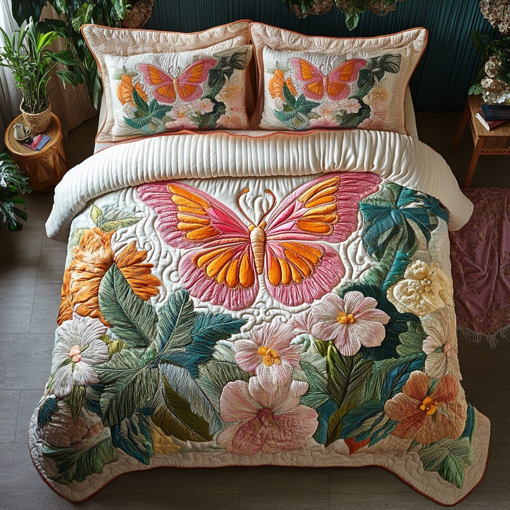 Nature Flight quilted 3-piece bedding set on a made bed with two matching pillow shams