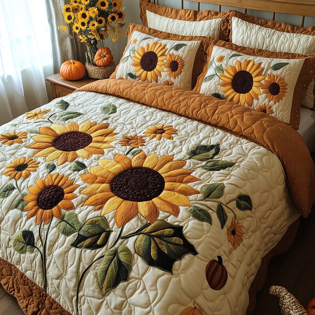 Nature Glow quilted 3-piece bedding set on a made bed with two matching pillow shams