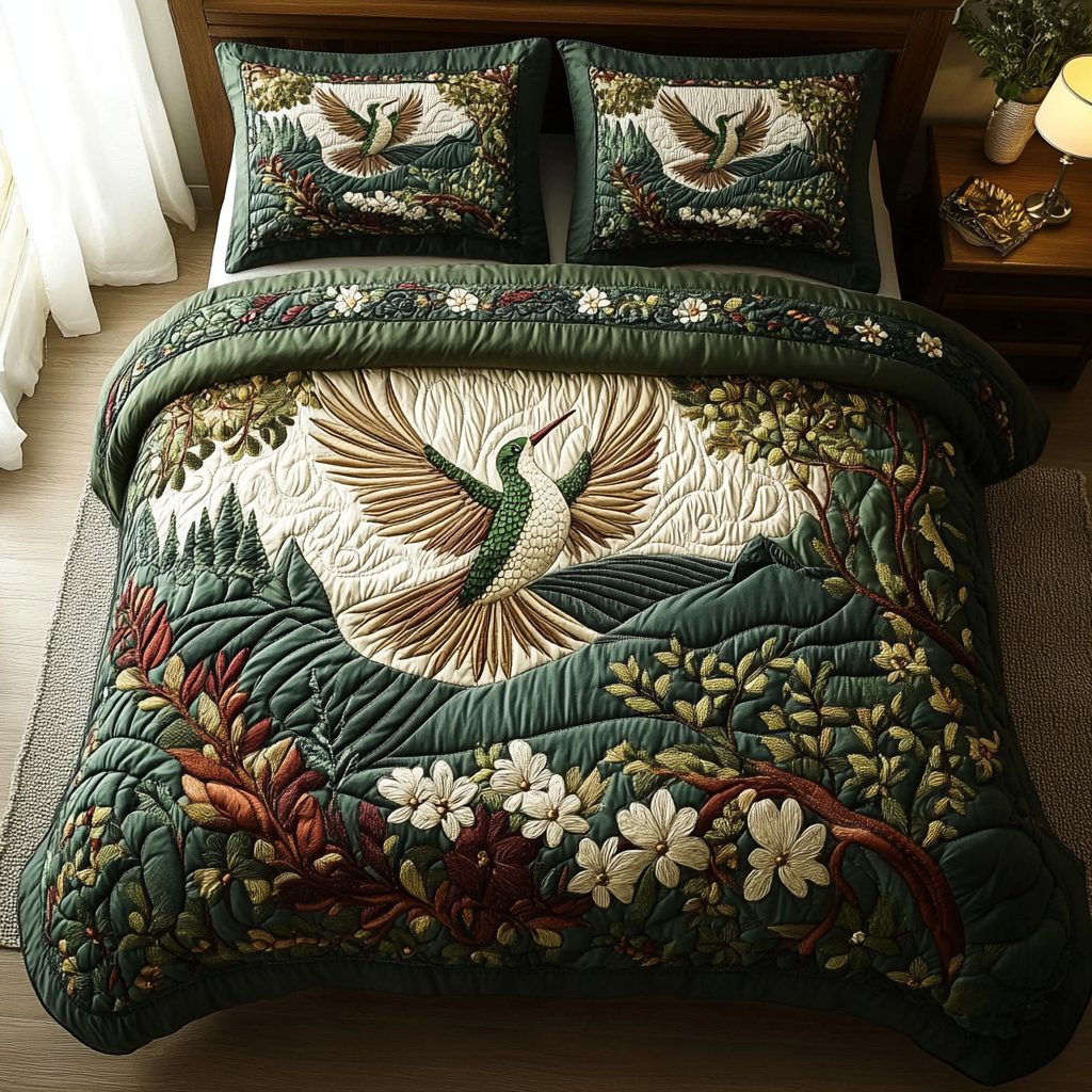 Nature Grace quilted 3-piece bedding set on a made bed with two matching pillow shams