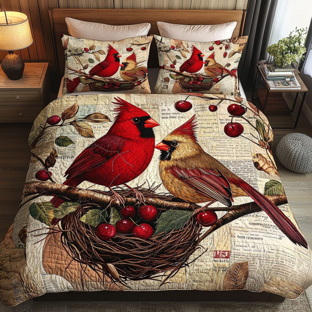 Nature Pair quilted 3-piece bedding set on a made bed with two matching pillow shams