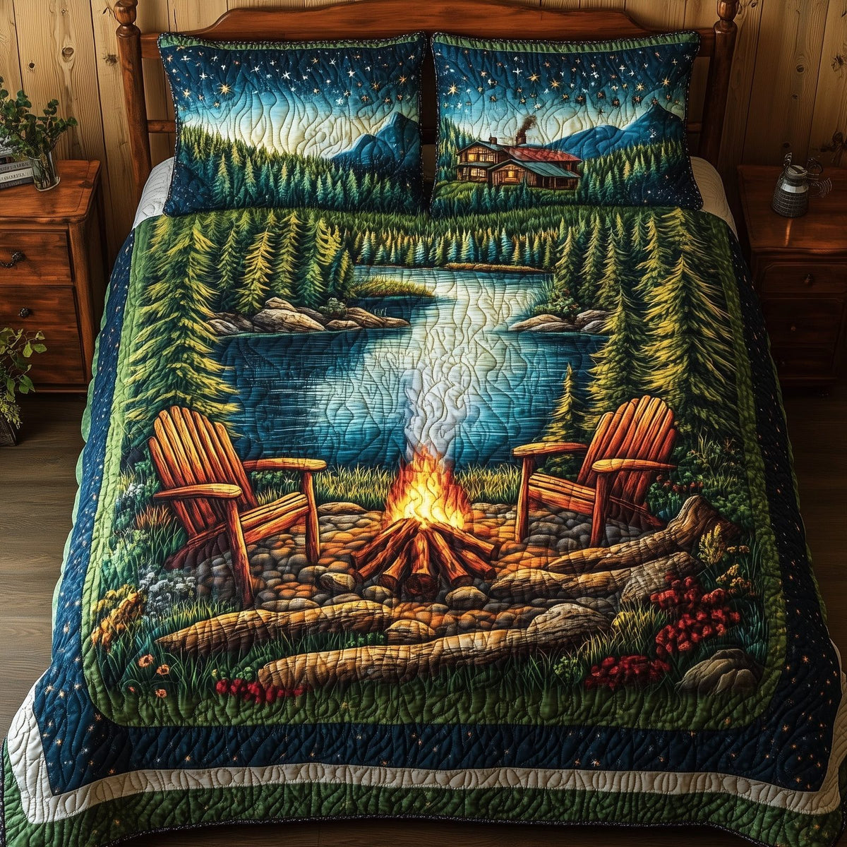 Nature Retreat quilted 3-piece bedding set on a made bed with two matching pillow shams