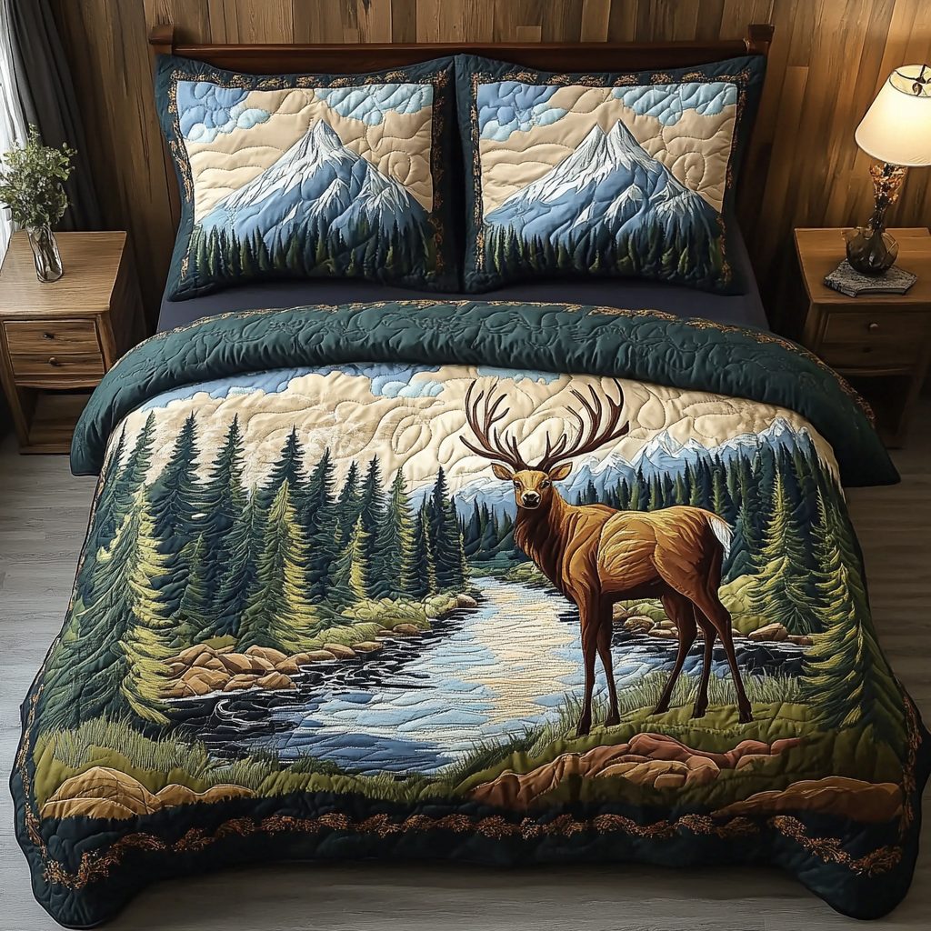 Nature Rush quilted 3-piece bedding set on a made bed with two matching pillow shams