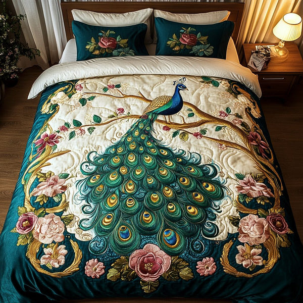 Nature Splendor quilted 3-piece bedding set on a made bed with two matching pillow shams