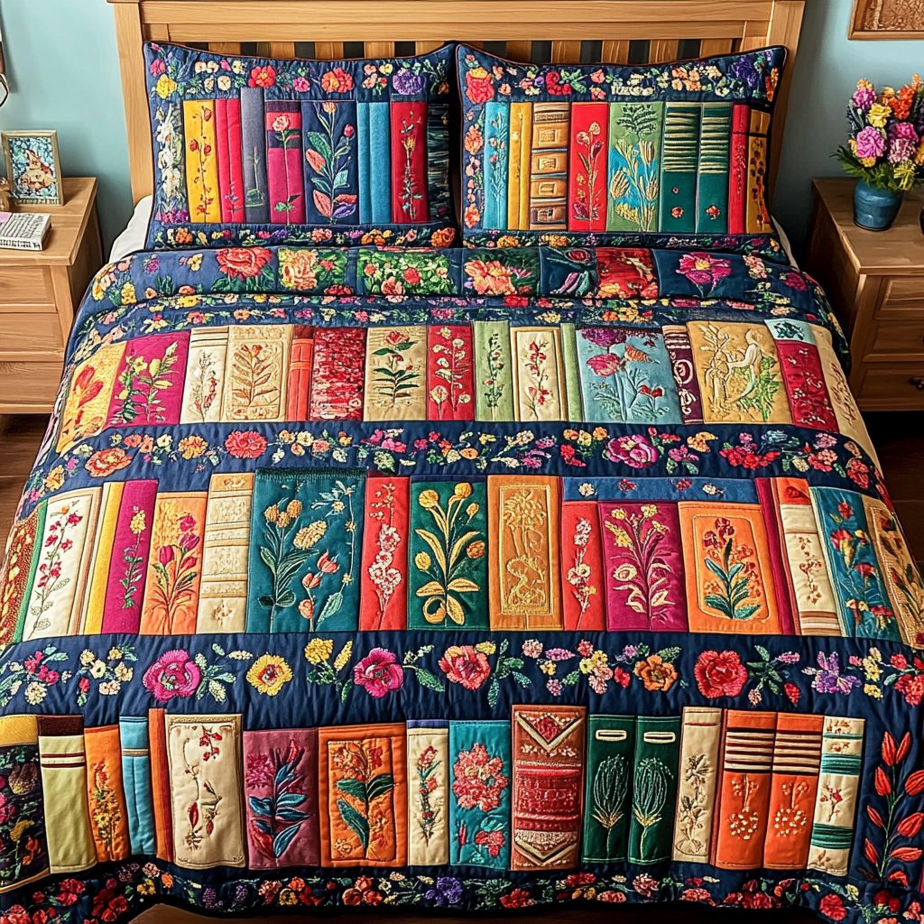 Nature Volume quilted 3-piece bedding set on a made bed with two matching pillow shams