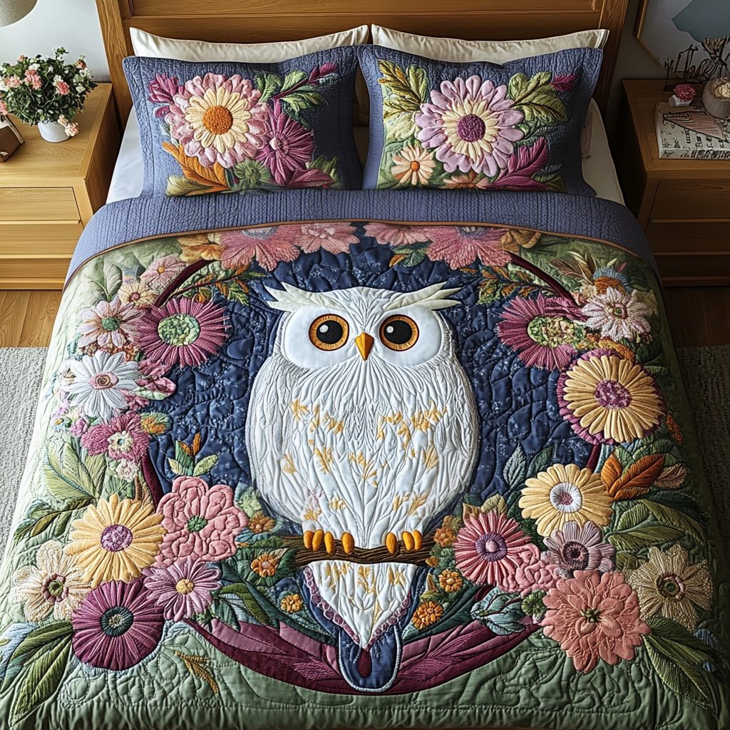 Nature Watch quilted 3-piece bedding set on a made bed with two matching pillow shams