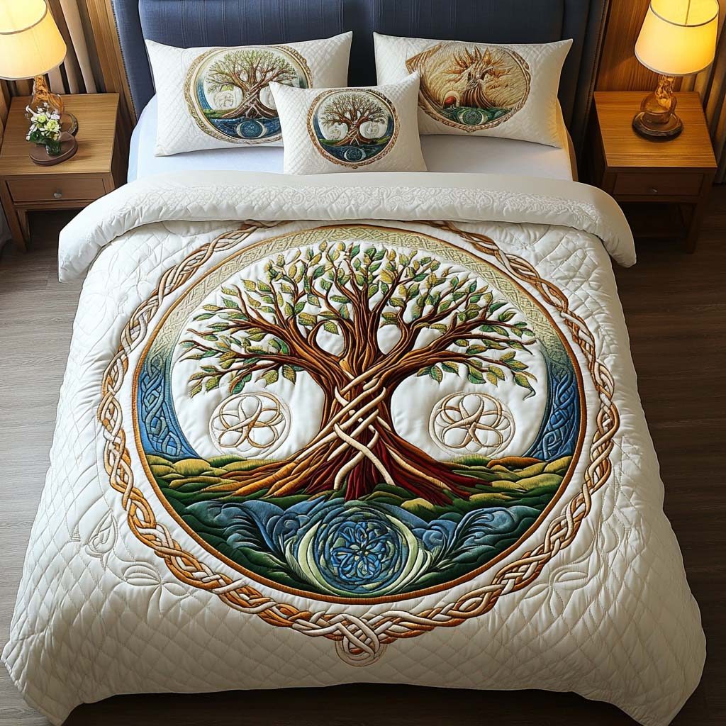 Nature Wisdom quilted 3-piece bedding set on a made bed with two matching pillow shams