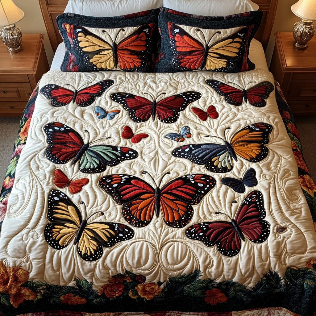 Natures Scene quilted 3-piece bedding set on a made bed with two matching pillow shams