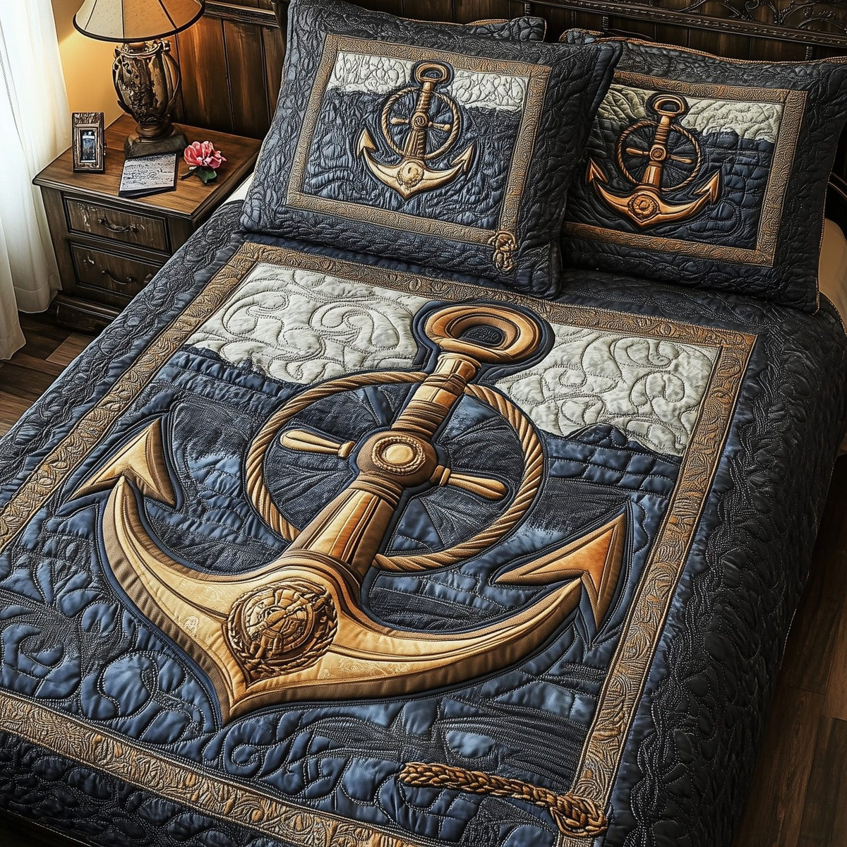 Nautical Anchor quilted 3-piece bedding set on a made bed in a light coastal bedroom
