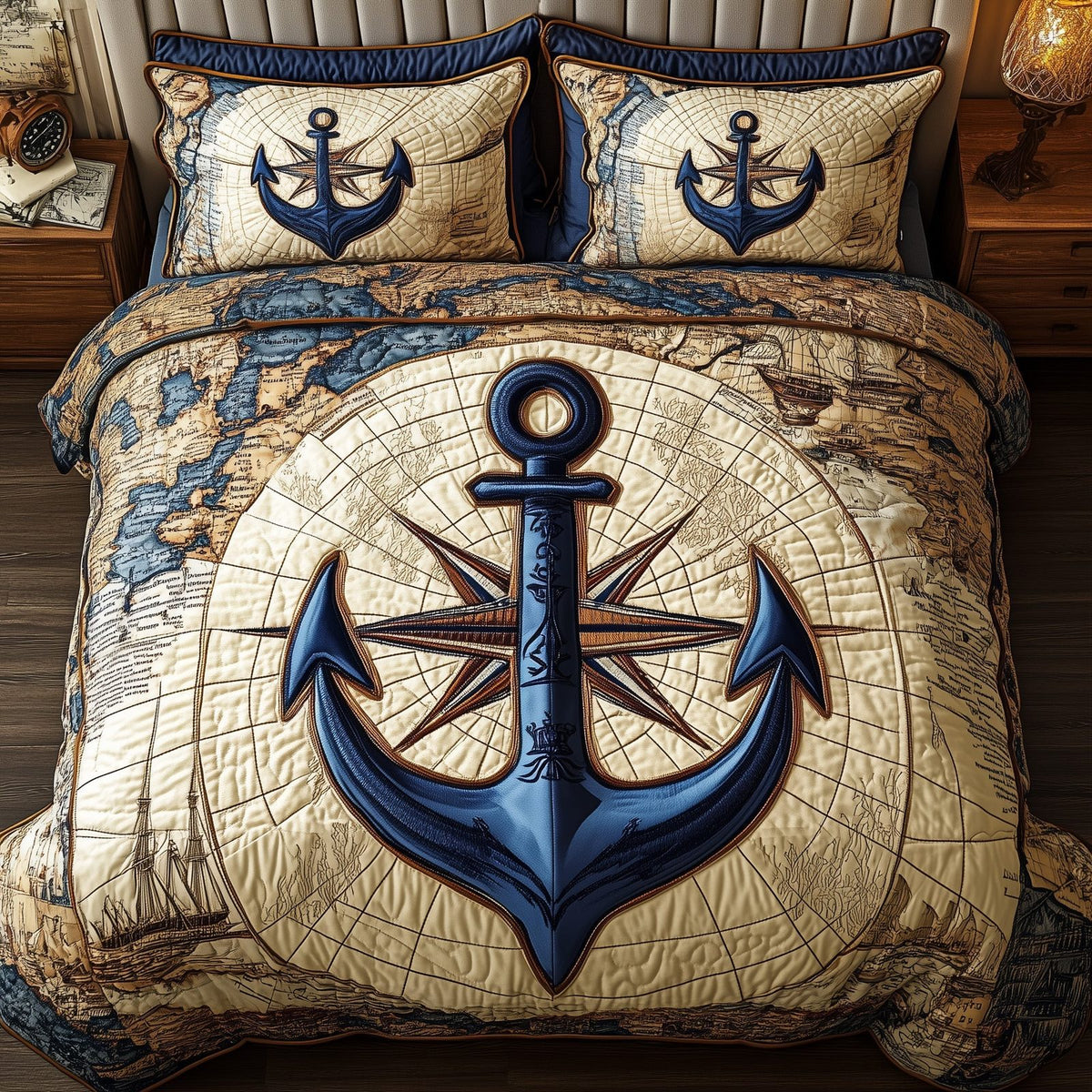 Nautical Anchor quilted 3-piece bedding set on a made bed in a light coastal bedroom