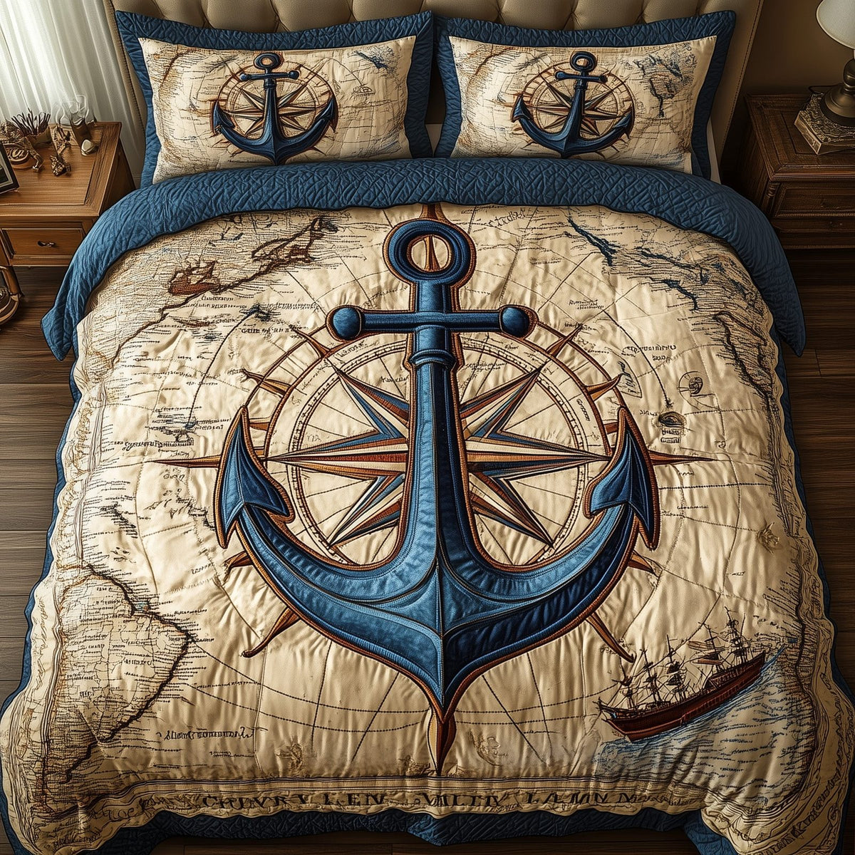 Nautical Anchor quilted 3-piece bedding set on a made bed in a light coastal bedroom