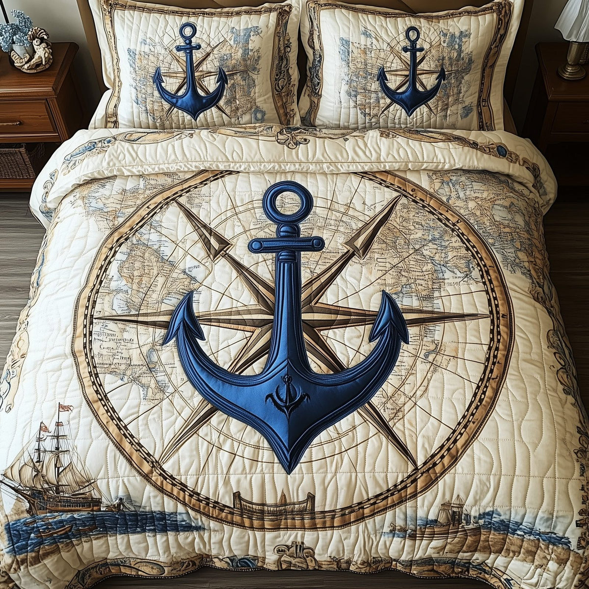 Nautical Anchor quilted 3-piece bedding set on a made bed in a light coastal bedroom