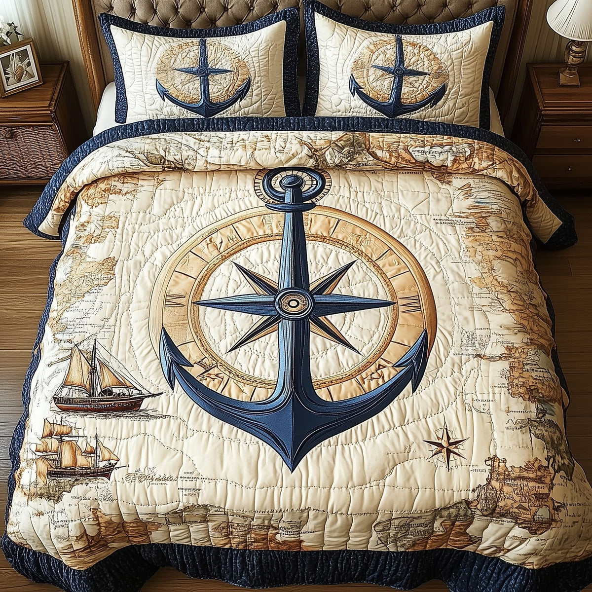 Nautical Anchor quilted 3-piece bedding set on a made bed in a light coastal bedroom