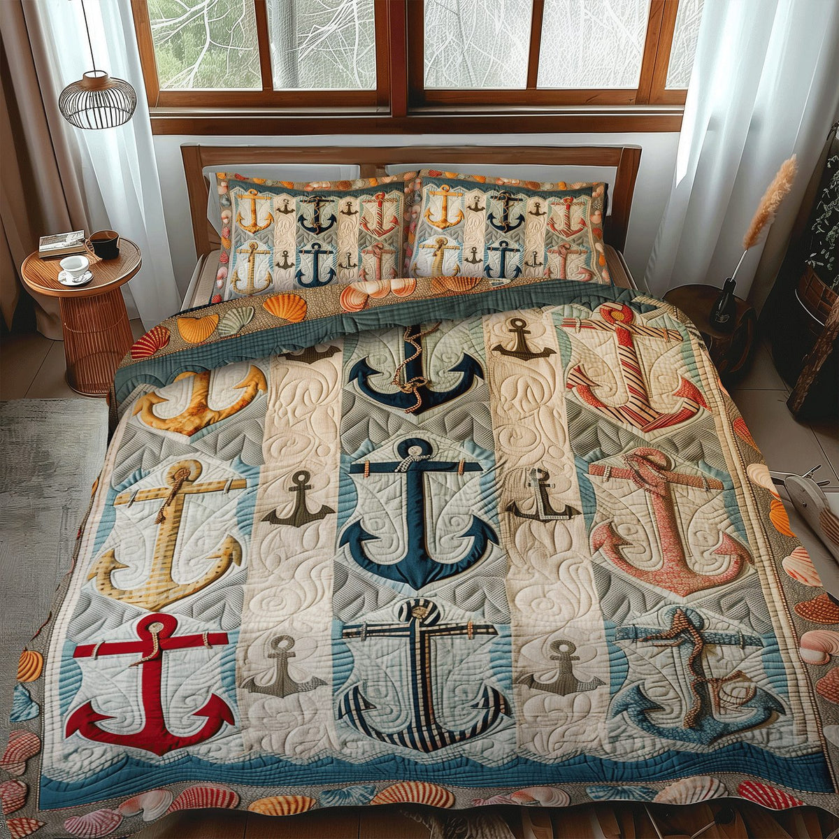 Nautical Anchors quilted 3-piece bedding set on a made bed in a light coastal bedroom