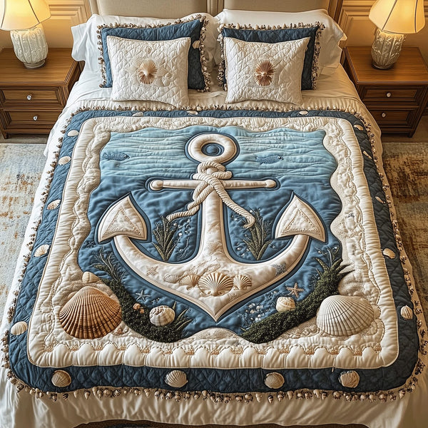 Nautical Bliss quilted 3-piece bedding set on a made bed in a light coastal bedroom