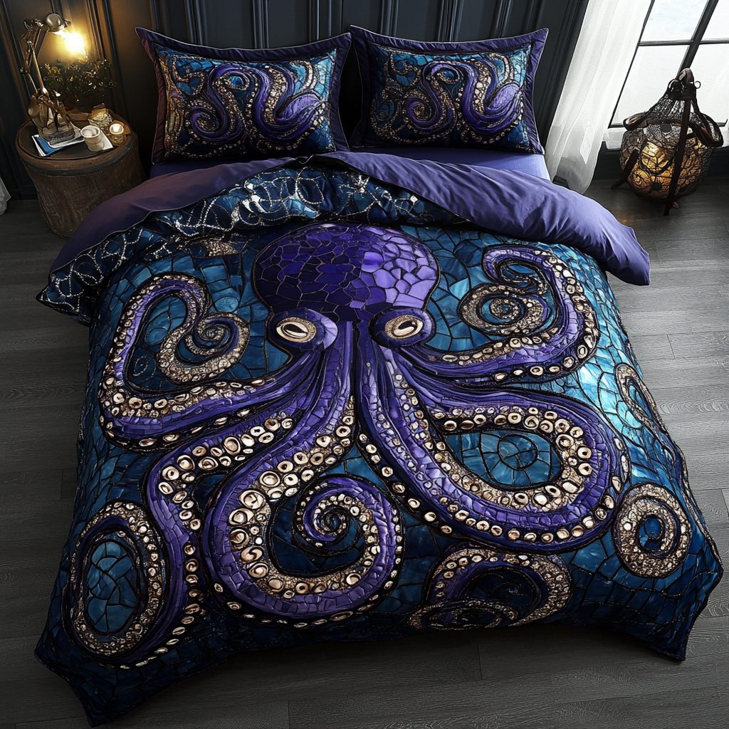 Nautical Enchantment quilted 3-piece bedding set on a made bed in a light coastal bedroom