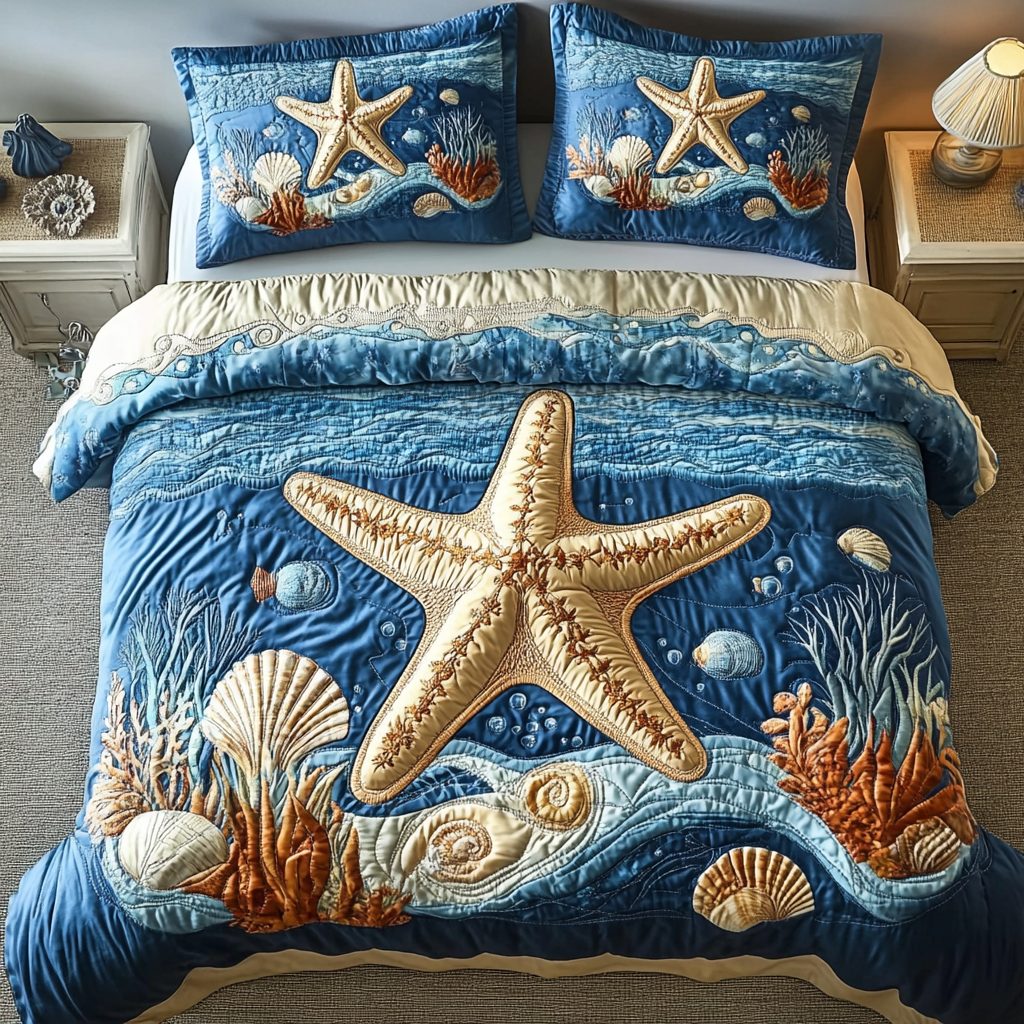 Nautical Luxe quilted 3-piece bedding set on a made bed in a light coastal bedroom