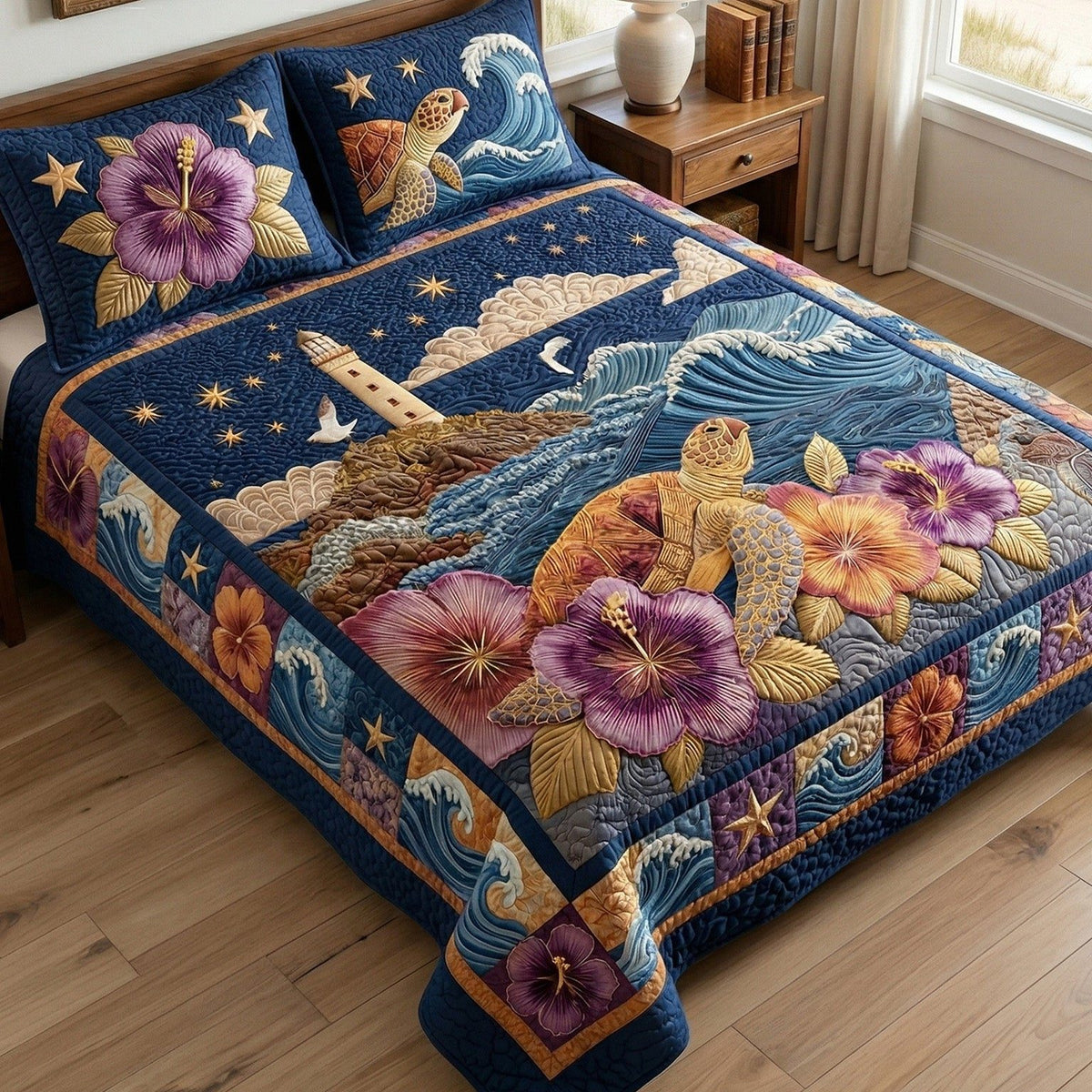 Nautical Night quilted 3-piece bedding set on a made bed in a light coastal bedroom