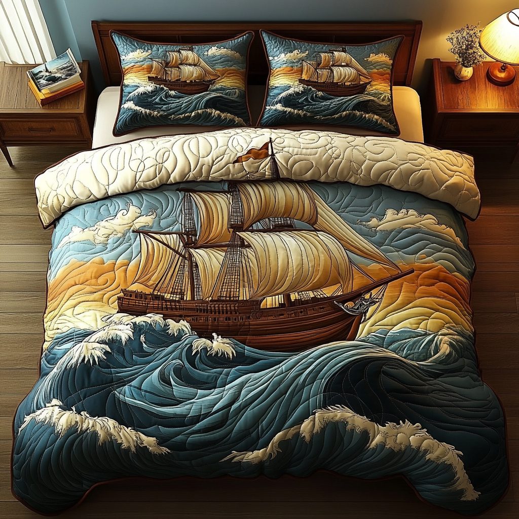 Nautical Nights quilted 3-piece bedding set on a made bed in a light coastal bedroom