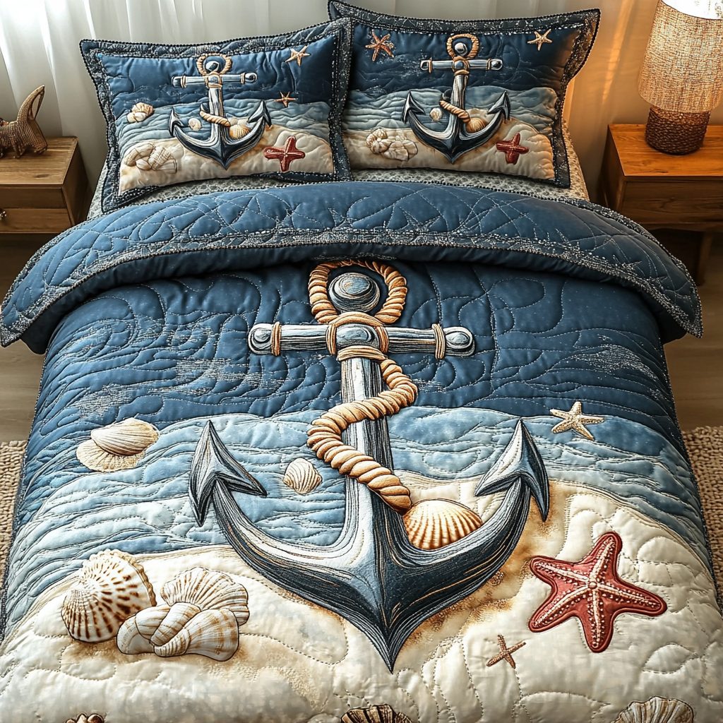 Nautical Tranquility quilted 3-piece bedding set on a made bed in a light coastal bedroom
