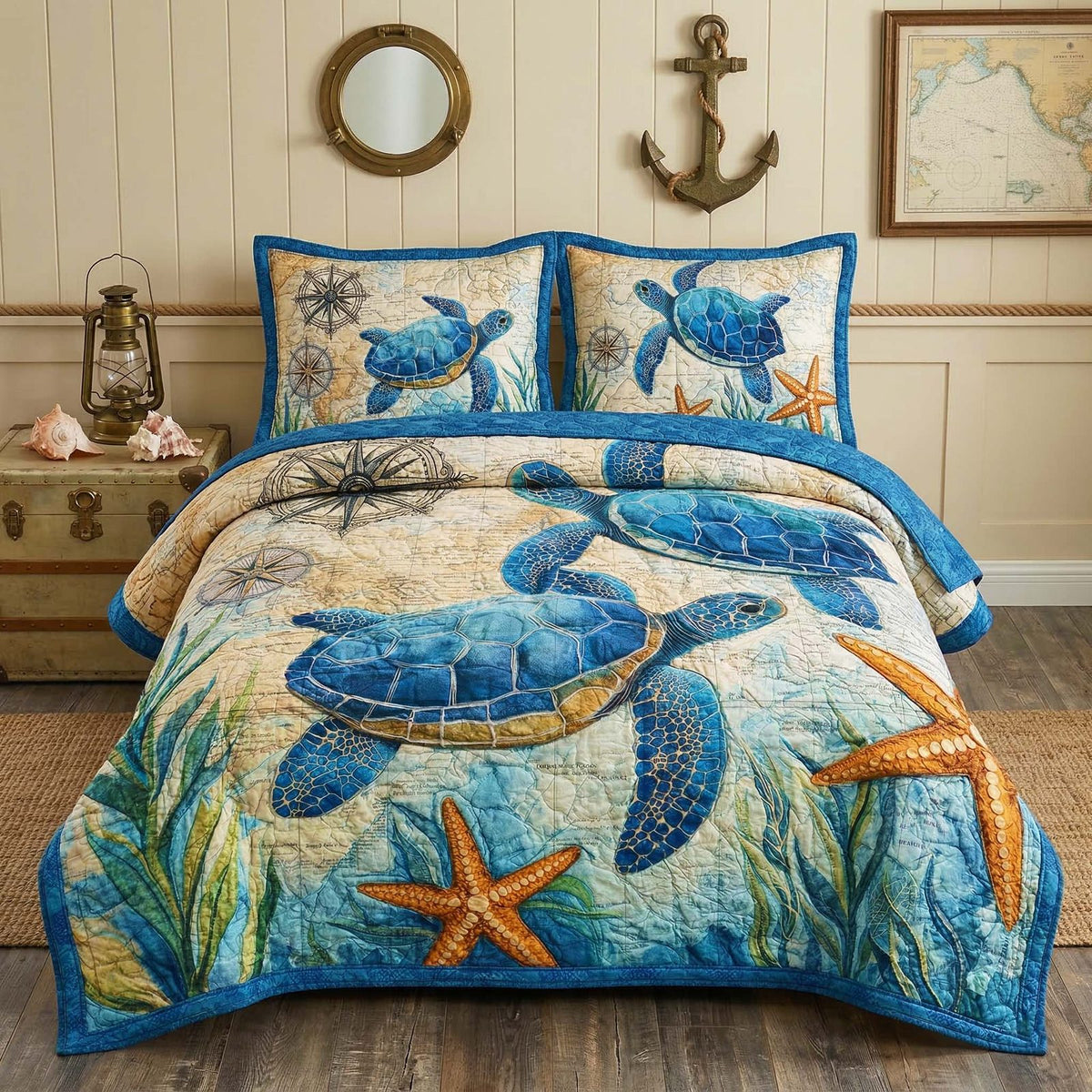 Nautical Turtles quilted 3-piece bedding set on a made bed in a light coastal bedroom