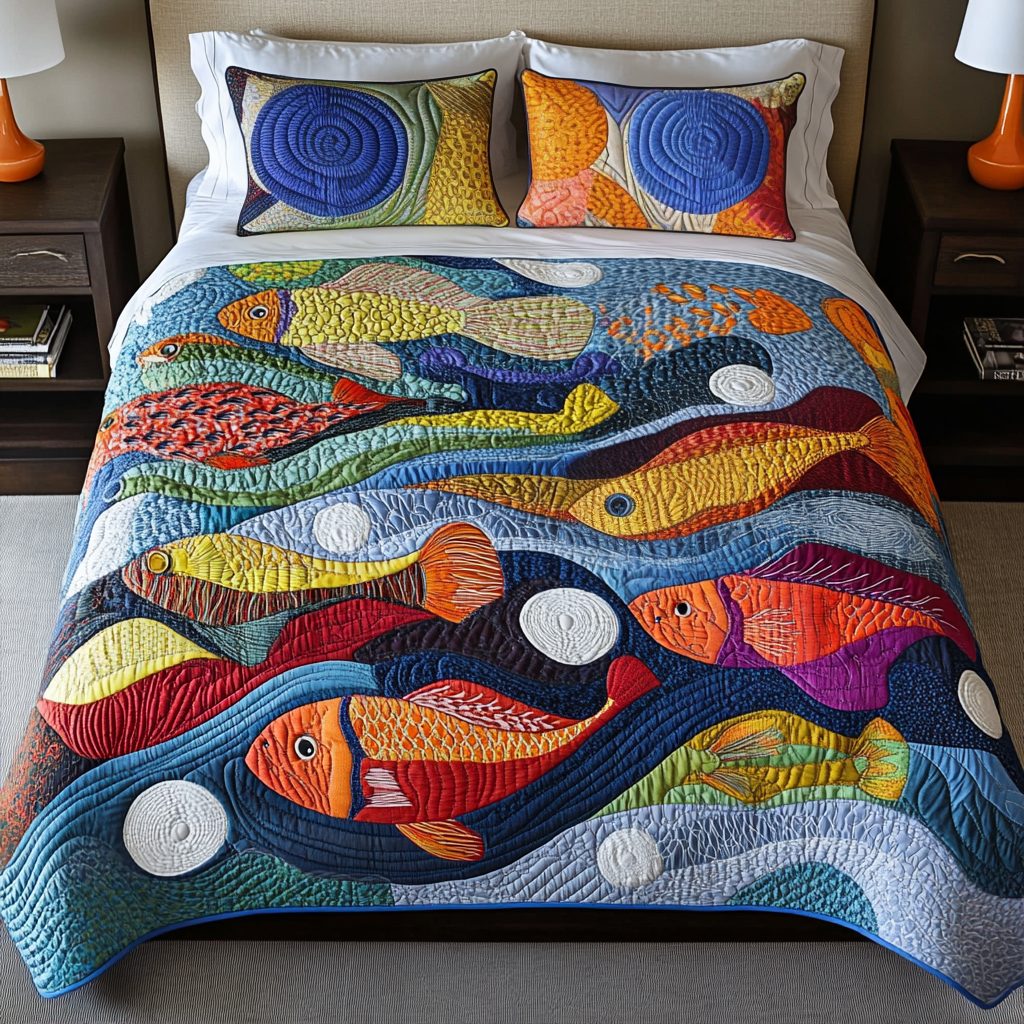 Nautical Whimsy quilted 3-piece bedding set on a made bed in a light coastal bedroom
